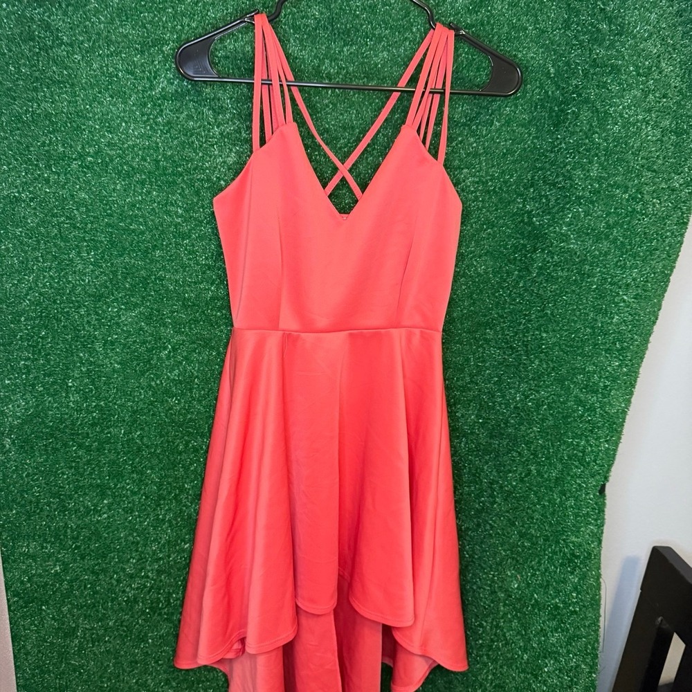 Brandy Blu Coral Red High Low Dress Size M Strappy Crisscross Back Party